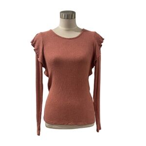 Pristine Lucky Brand rose pink ribbed ruffle shoulder knit top shirt S M